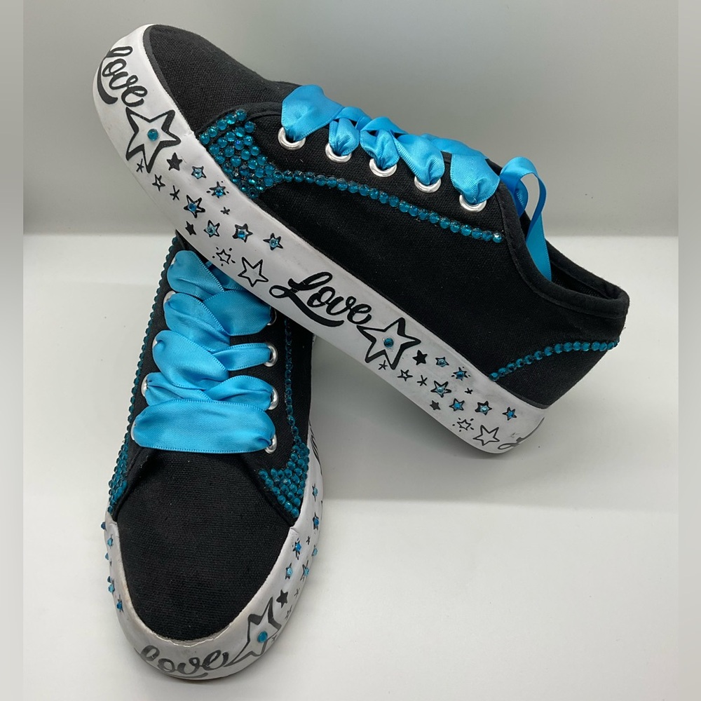 🦊 GIRLS Black Platform Canvas Sneakers SWAVORSKI stones & Satin Laces Sz 2.5